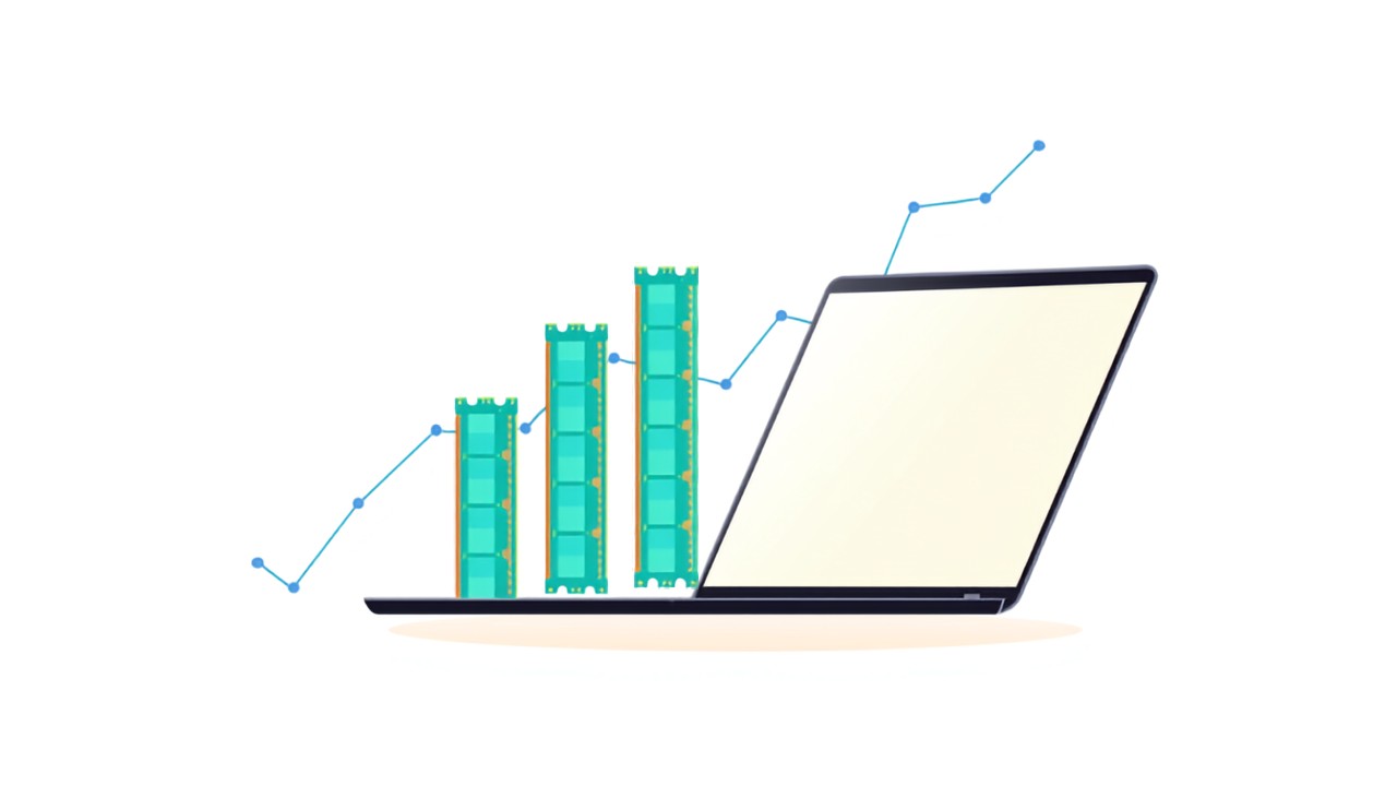 Illustration of a laptop with RAM modules and a rising price chart